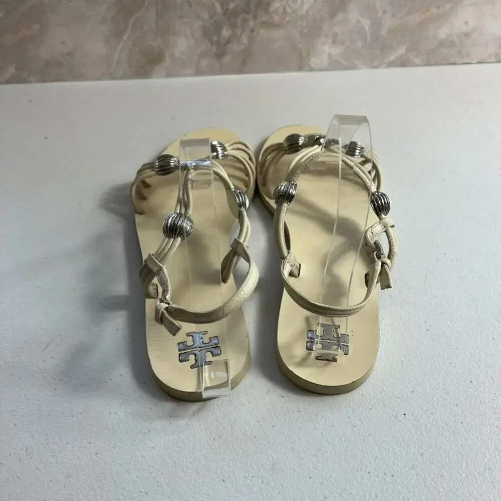 Tory Burch Sandals Women's 8.5 M Capri Multi Strap Ivory Leather Silver Charms